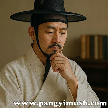 전통 한복을 입은 선비가 깊이 생각하는 모습을 담은 실내 촬영 이미지