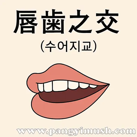 수어지교를 상징하는 입술과 이빨 일러스트와 한자 표기가 포함된 이미지