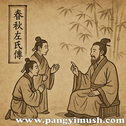 춘추좌씨전에서 수어지교의 유래를 설명하는 장면을 묘사한 전통 동양화 스타일 일러스트