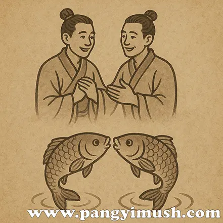 수어지교의 의미를 표현하기 위해 서로 협력하는 두 인물과 마주 보는 두 물고기를 그린 전통 동양화 스타일 일러스트