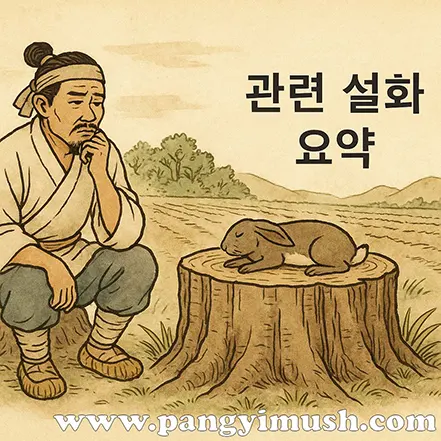 수주대토 설화를 표현한 일러스트로, 농부가 토끼가 쓰러진 그루터기를 바라보는 장면과 '관련 설화 요약' 문구가 포함된 이미지.