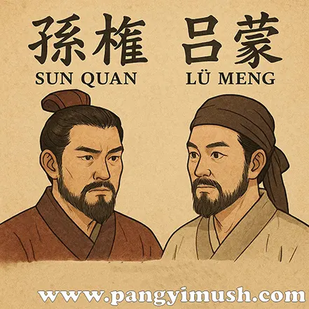 손권과 여몽을 묘사한 전통풍 일러스트로, 괄목상대의 유래를 표현한 이미지