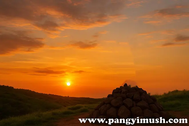 노을 지는 하늘 아래 돌탑이 있는 평온한 자연 풍경 사진