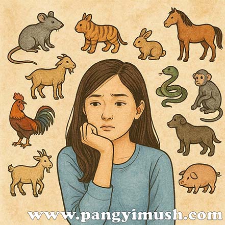 열두 띠 동물들을 떠올리며 깊이 생각하는 표정의 여성 일러스트