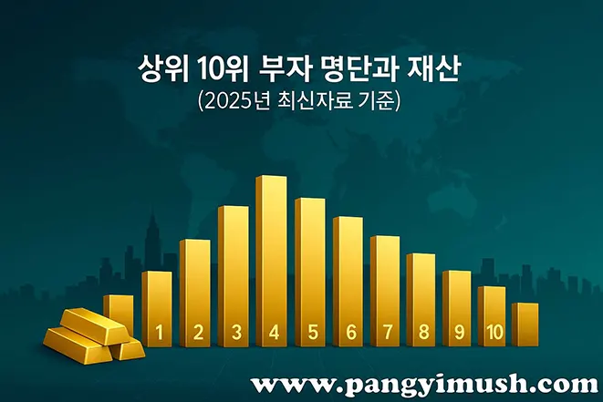 2025년 기준 세계 상위 10위 부자의 자산 규모를 나타낸 금색 그래프 이미지