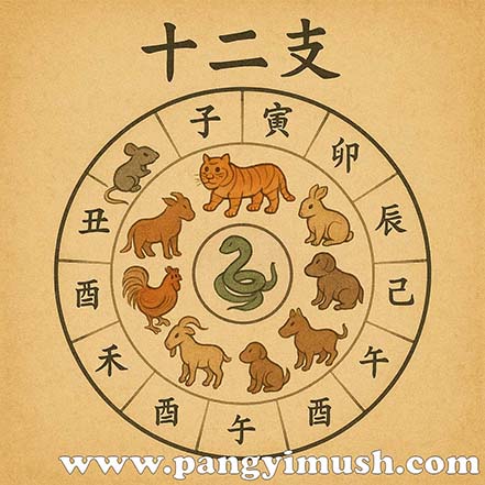 십이지(十二支) 한자와 함께 12띠 동물들이 원형으로 배열된 전통풍 도표 일러스트