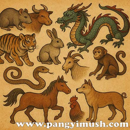 쥐, 소, 호랑이, 토끼, 용, 뱀, 말, 양, 원숭이, 닭, 개, 돼지의 12띠 동물들이 함께 그려진 전통풍 일러스트