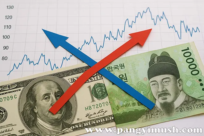 달러 지폐와 원화 지폐 위에 교차된 빨간·파란 화살표와 환율 차트를 배경으로 한 통화 스와프 개념 이미지