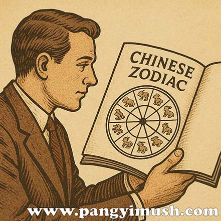 서양 남성이 ‘CHINESE ZODIAC’가 적힌 책을 펼쳐 12띠 원형 그림을 보고 있는 전통풍 일러스트