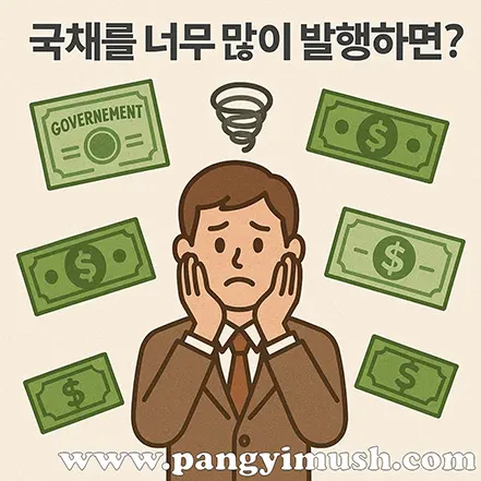 국채를 너무 많이 발행하면 – 국가 부채 증가와 경제 불안을 표현한 일러스트