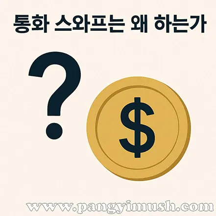 달러 코인과 물음표 아이콘을 사용해 ‘통화 스와프는 왜 하는가’를 표현한 경제 개념 이미지