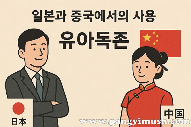 일본과 중국 국기 옆에 각각 사람을 배치해 유아독존의 양국 사용을 표현한 일러스트