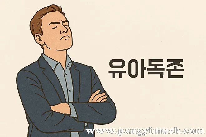 팔짱을 끼고 거만한 표정을 짓는 남성이 ‘유아독존’ 문구 옆에 서 있는 일러스트