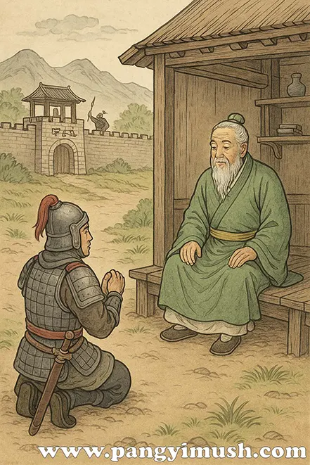 고전 시대의 현자가 무장한 장수에게 조언하는 장면을 그린 동양화 일러스트