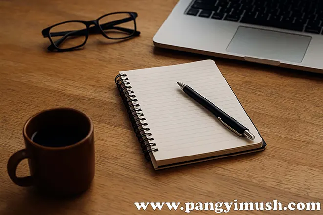 따뜻한 조명 아래에서 노트북, 노트, 펜, 안경, 커피가 놓인 평온한 목재 책상 풍경