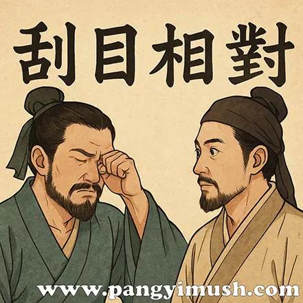 괄목상대를 상징적으로 표현한 일러스트로, 한 인물이 눈을 비비며 상대를 새롭게 바라보는 장면