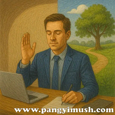 책상 앞 노트북과 노트를 두고 눈을 감은 채 한 손을 들어 균형을 잡는 남성, 집중과 여유의 조화를 상징