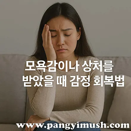 모욕감이나 상처를 받은 후 감정을 추스르며 얼굴을 감싸 쥔 여성의 모습. 감정 회복의 어려움과 내면의 고통을 표현한 이미지