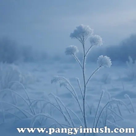 눈 덮인 들판 위에 서리가 내려앉은 식물이 서 있는 겨울 풍경 – 설상가상을 상징하는 이미지