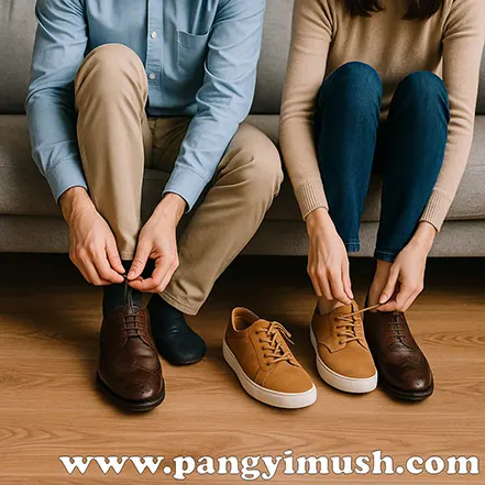 남성과 여성이 각각 신발끈을 묶으며 서로의 신발을 바꿔 신는 장면 – 공감과 배려를 상징하는 이미지