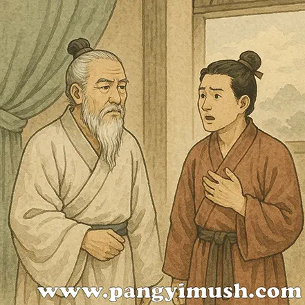 늙은 현자가 젊은 제자에게 조언하는 듯한 장면의 동양화 일러스트 — ‘역지사지(易地思之)’의 유래를 상징적으로 표현