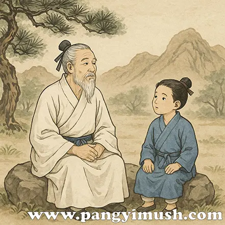 옛 선비 복장을 한 노학자가 어린 제자에게 가르침을 전하는 장면 – 역지사지의 유래와 교훈을 표현한 일러스트