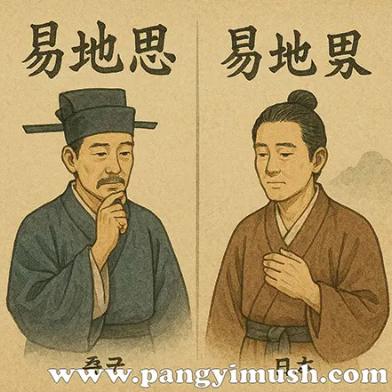 전통 복장을 한 두 인물이 각각 중국과 일본을 상징하며 ‘易地思’와 ‘易地界’ 글자가 함께 적힌 일러스트 – 역지사지의 문화적 비교를 표현한 이미지