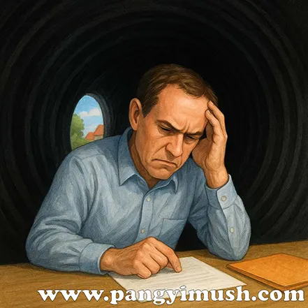 터널 속 어두운 공간에서 고민하며 서류를 바라보는 남성의 모습, 판단 왜곡과 시야 협소를 상징