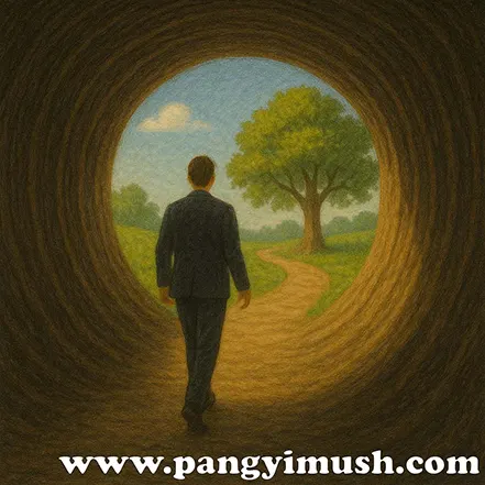 어두운 터널을 벗어나 밝은 초원과 나무가 있는 길로 걸어 나가는 남성의 모습
