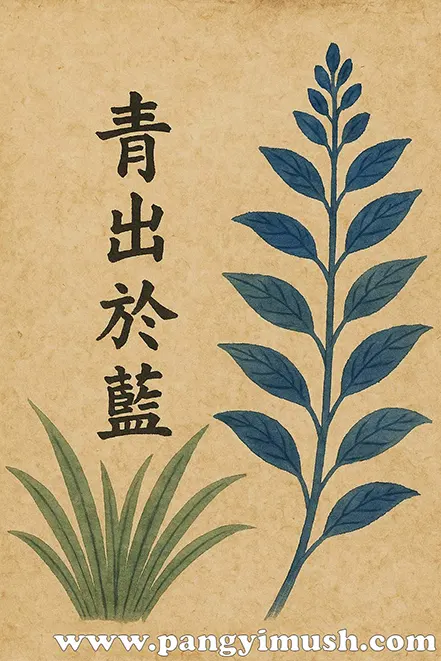 청출어람 한자를 배경으로 쪽풀과 푸른 염료 식물을 전통 동양화 스타일로 표현한 이미지