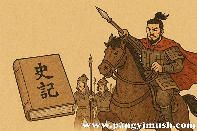 사기(史記) 책과 말을 탄 장수가 등장하는 일러스트 – 기고만장의 유래를 표현한 이미지