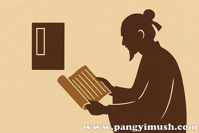 고대 학자가 죽간을 읽으며 부화뇌동의 유래를 떠올리는 모습을 표현한 미니멀 실루엣 일러스트