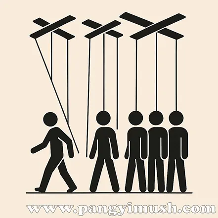 실루엣 인물들이 인형처럼 줄에 조종당하며 앞사람을 따라가는 모습을 표현한 부화뇌동 상징 일러스트