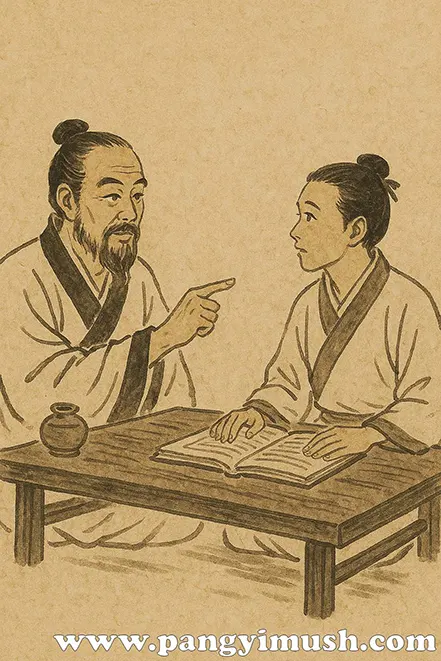 스승이 제자에게 가르침을 전하며 함께 책을 보는 전통 동양화 그림