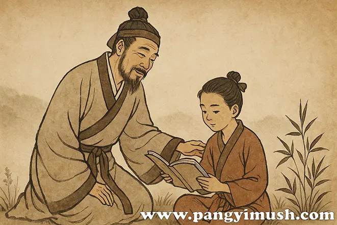 스승이 제자에게 책을 가르치며 함께 공부하는 전통 동양화 그림
