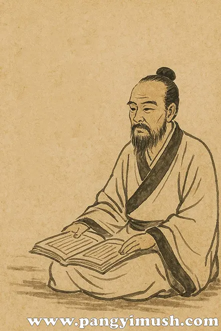 고전 동양화 스타일로 표현된 학자가 앉아 책을 읽는 장면