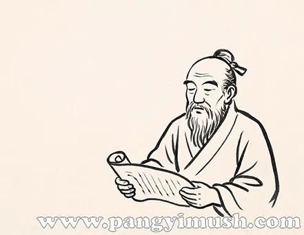 ‘천신만고와 관련된 이야기나 설화’라는 문구와 고전적인 선비 일러스트