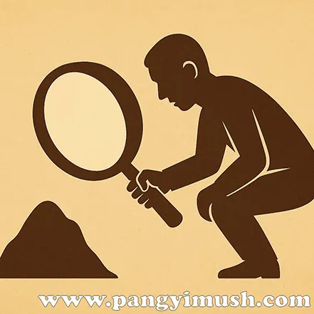 작은 흙더미를 돋보기로 과도하게 확대해 관찰하는 사람의 모습으로 침소봉대 의미를 표현한 미니멀 일러스트