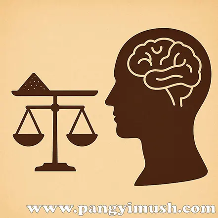 저울과 사람의 머릿속 뇌를 함께 배치하여 침소봉대의 인생 교훈인 균형 잡힌 사고와 과장하지 않는 판단을 상징적으로 표현한 일러스트