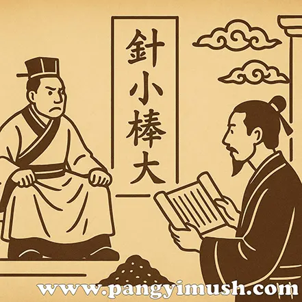 고대 관리에게 과장된 보고를 하는 모습을 통해 침소봉대 고사의 의미를 표현한 전통풍 일러스트