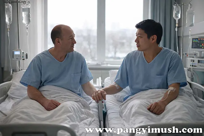 병실에서 같은 치료를 받는 두 사람이 손을 맞잡고 서로의 아픔을 이해하며 위로하는 모습, 동병상련을 상징하는 장면
