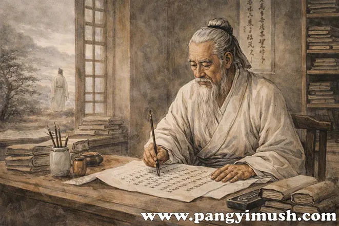 고난의 시간을 겪은 노년의 선비가 서재에서 붓을 들고 글을 쓰는 모습, 동병상련을 자주 사용했던 옛 문인을 상징하는 이미지