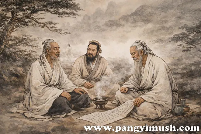 고난을 함께 겪은 세 명의 옛 선비가 산속에서 마주 앉아 문서를 펼쳐 놓고 이야기를 나누는 장면, 동병상련의 유래를 상징하는 이미지