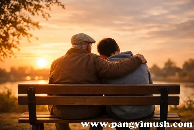 석양이 지는 공원에서 벤치에 앉은 두 사람이 서로의 어깨를 감싸며 같은 아픔을 이해하는 모습, 동병상련을 상징하는 장면