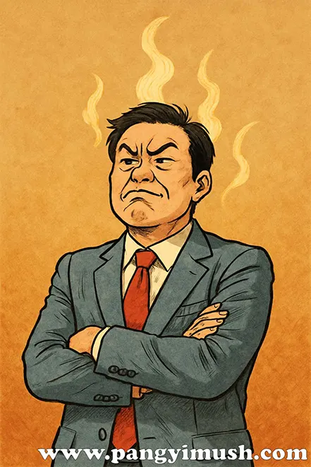 팔짱을 끼고 교만한 표정을 짓는 남성 일러스트 – 기고만장의 의미를 시각적으로 표현