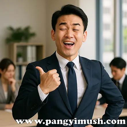 사무실에서 의기양양한 표정으로 엄지손가락을 가리키는 남성 – 기고만장한 태도를 표현한 이미지