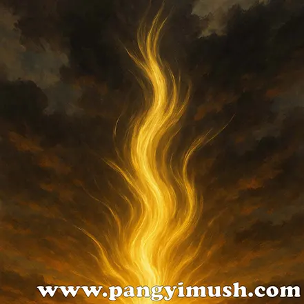 어두운 하늘 아래에서 황금빛 기운이 치솟는 모습의 일러스트 – 기고만장의 기세를 상징