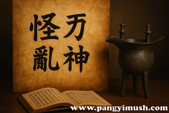 괴력난신 한자가 적힌 고대 문서와 청동기 제기, 그리고 펼쳐진 고서가 놓인 전통 분위기의 이미지