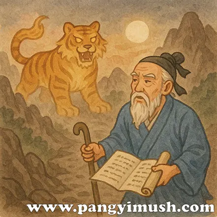 산길에서 고서를 들고 있는 노학자와 그 뒤에 나타난 호랑이 형상의 신비로운 존재를 표현한 전통 일러스트