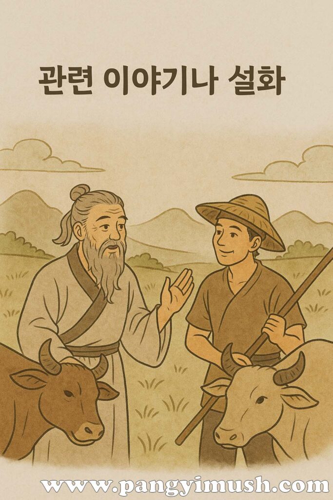 고장난명과 관련된 이야기나 설화를 표현하기 위해 노인과 젊은 농부가 소와 함께 서서 대화를 나누는 전통풍 삽화 이미지